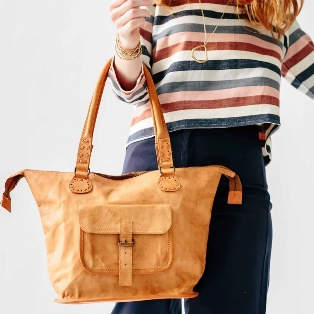 Noonday Collection Rustic Leather Artisan Bohemian Hobo Tote Purse Made In India